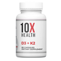 Supplement bottle labeled '10X Health D3 + K2' on a white background