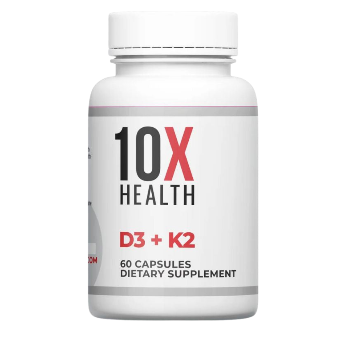 Supplement bottle labeled '10X Health D3 + K2' on a white background