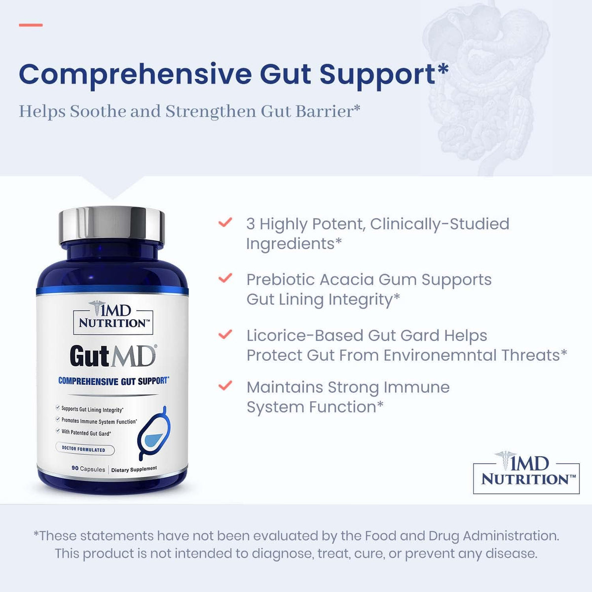 1MD Nutrition GutMD L-Glutamine + Prebiotic – 90 Capsules