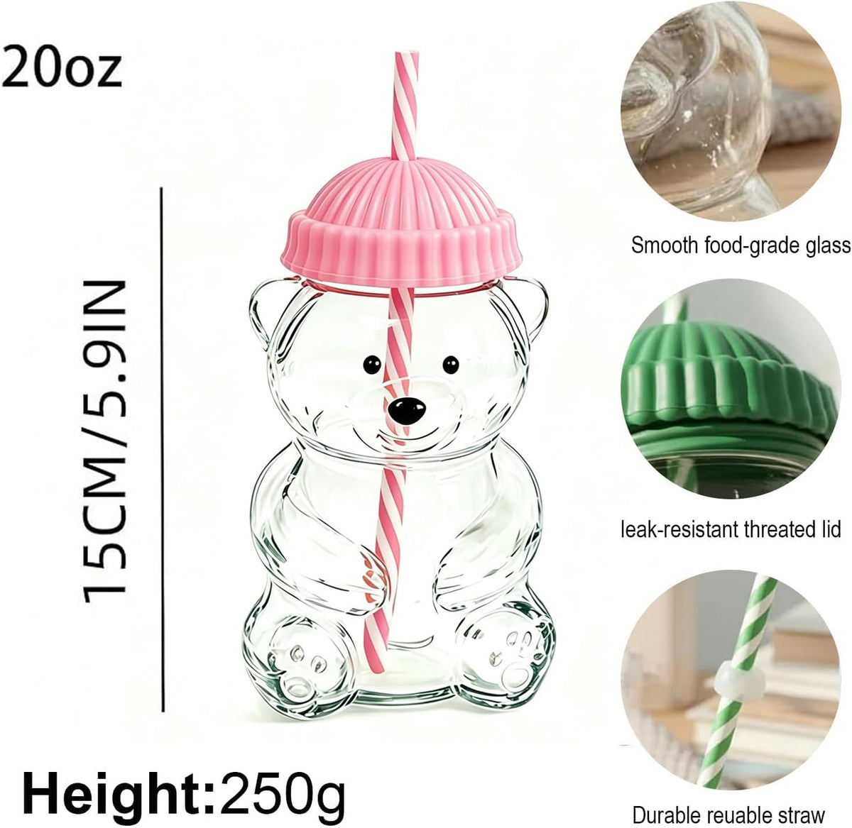 Glass Bear Cup with Lid & Straw – Pink, 20oz