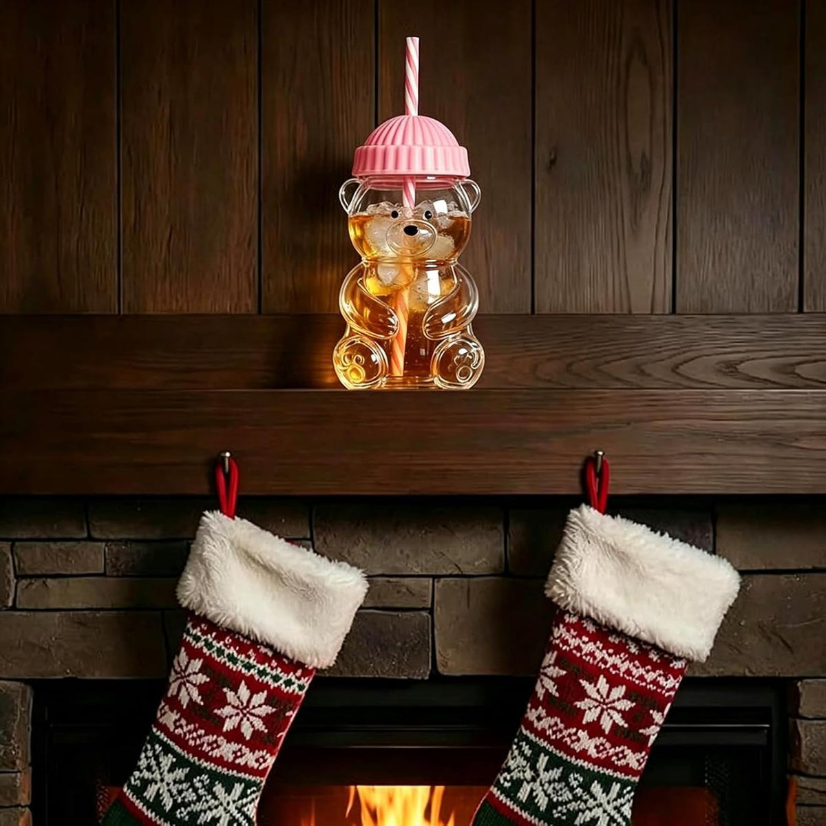 Glass Bear Cup with Lid & Straw – Pink, 20oz
