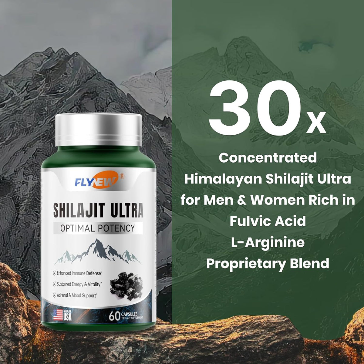 FLYNEW Shilajit Ultra Optimal Potency – 1300mg, 60ct | Olenfox Supply
