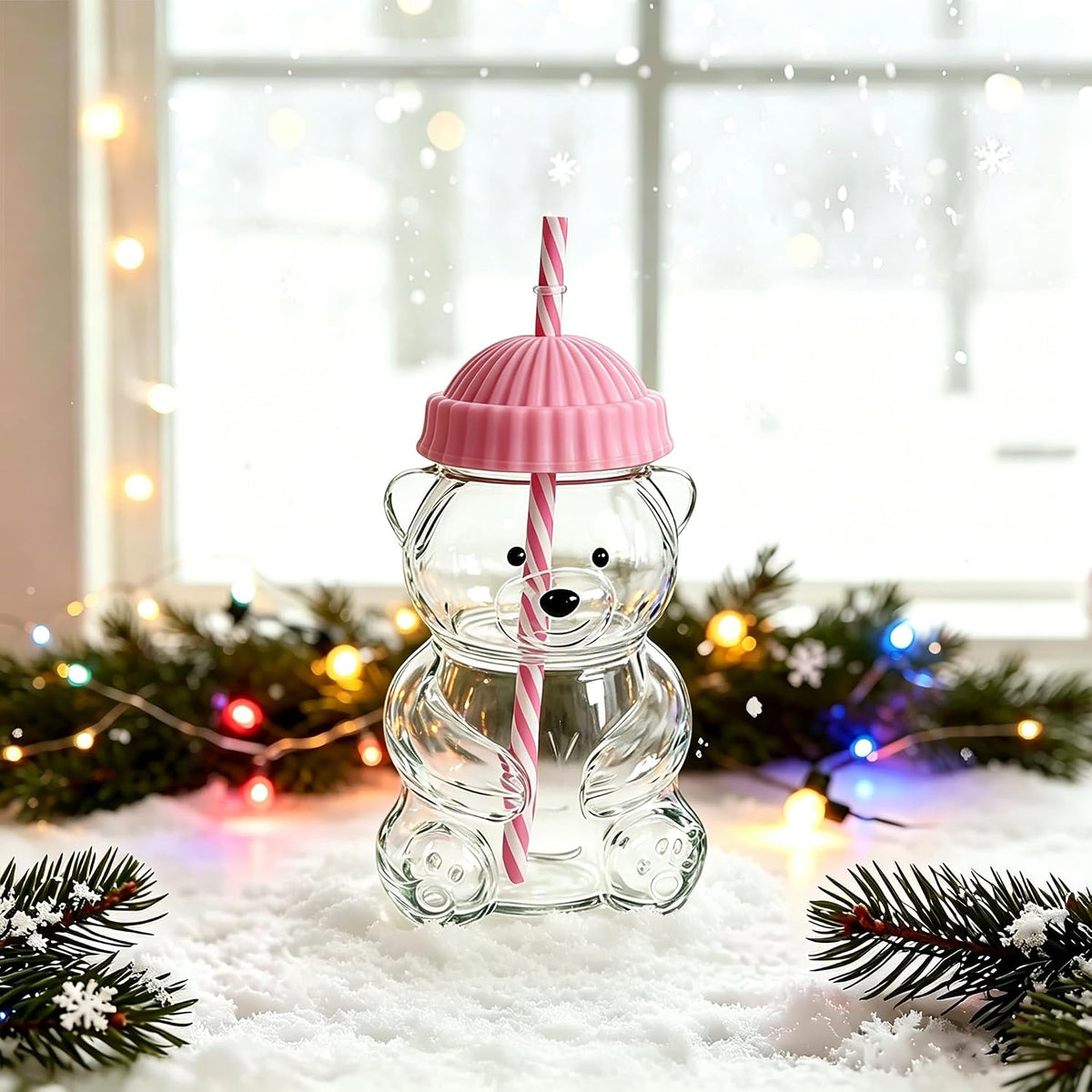 Glass Bear Cup with Lid & Straw – Pink, 20oz
