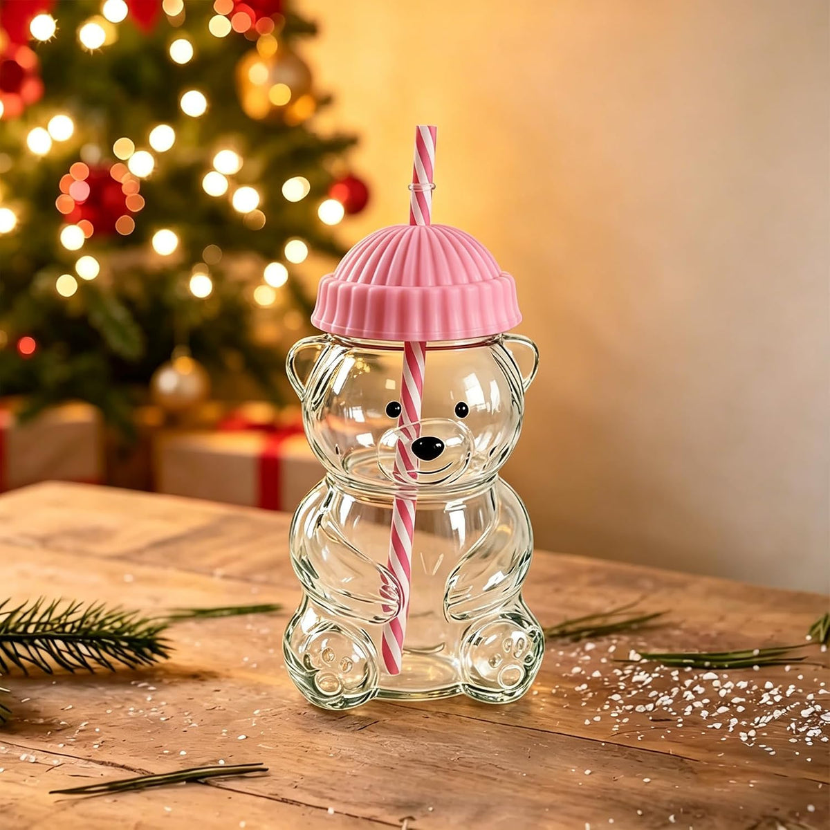 Glass Bear Cup with Lid & Straw – Pink, 20oz