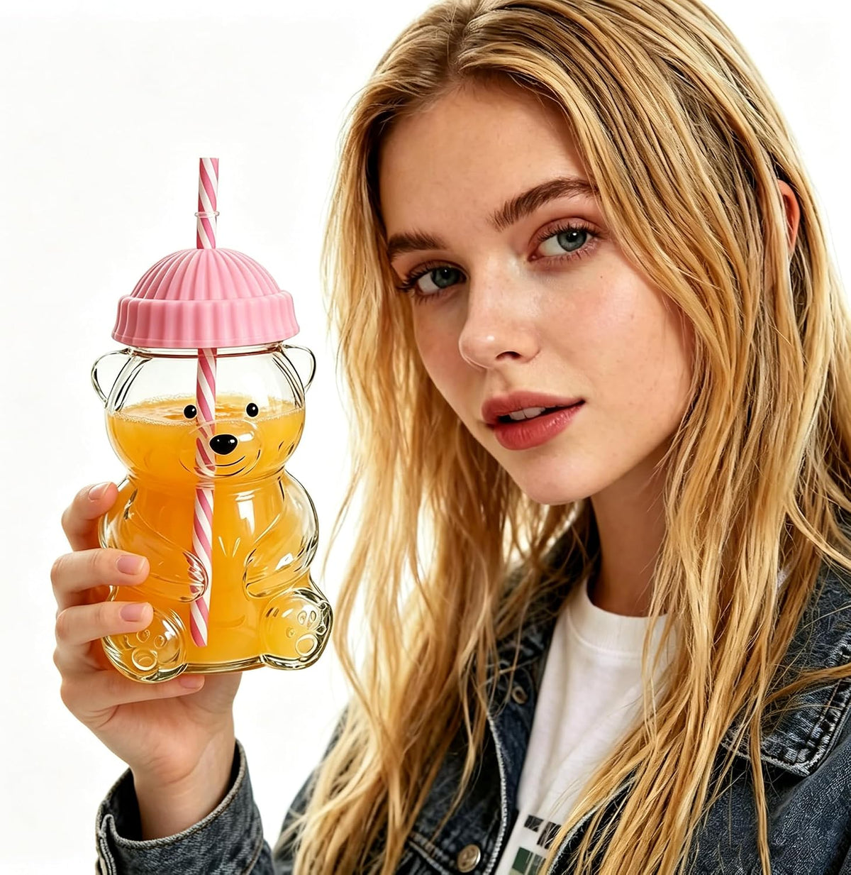 Glass Bear Cup with Lid & Straw – Pink, 20oz