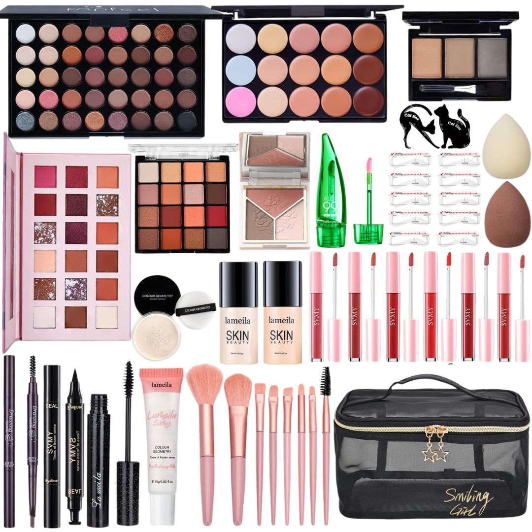 Collection of makeup products including palettes, brushes, and a carrying case on a white background.