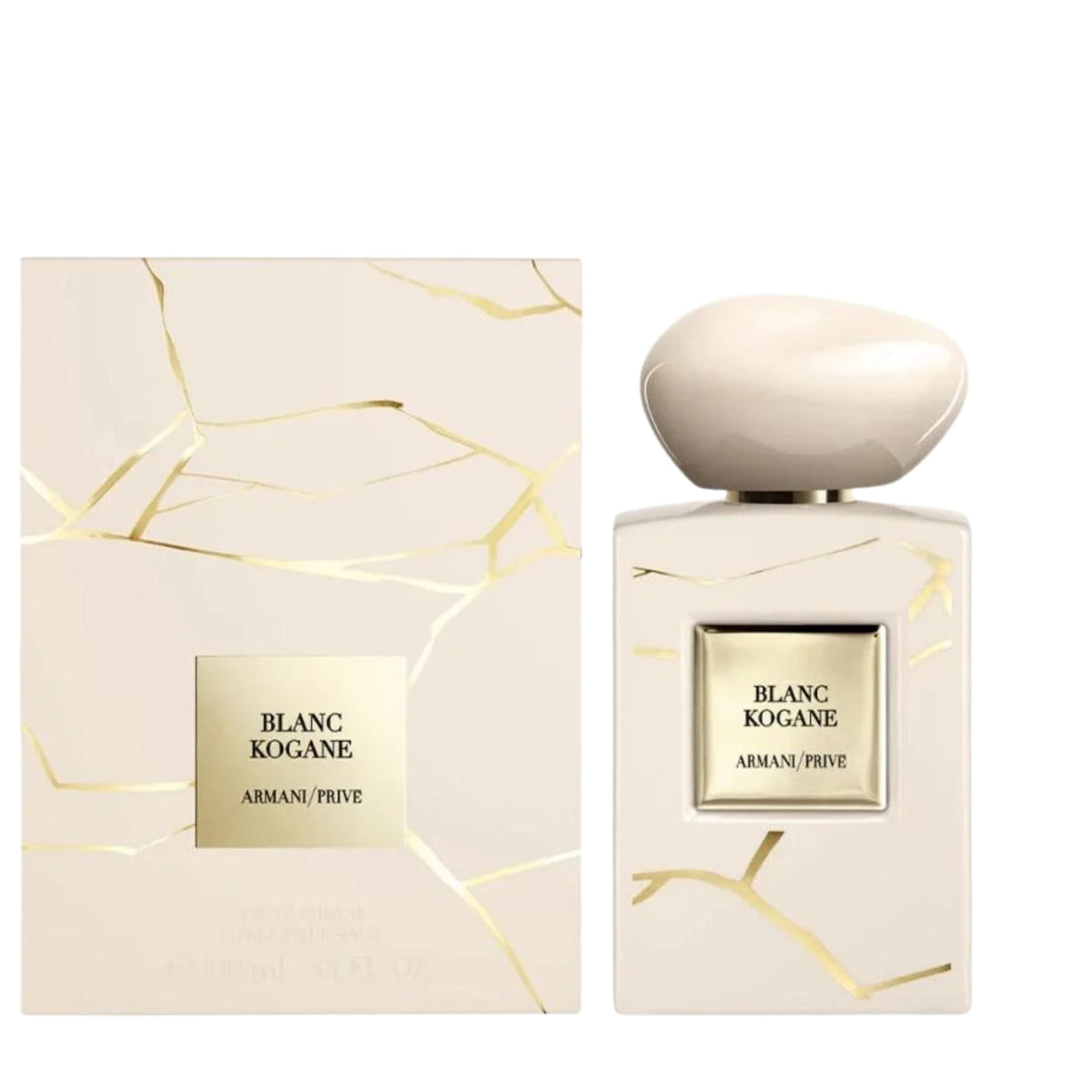 Blanc Kogane Armani Prive perfume bottle and packaging on a white background