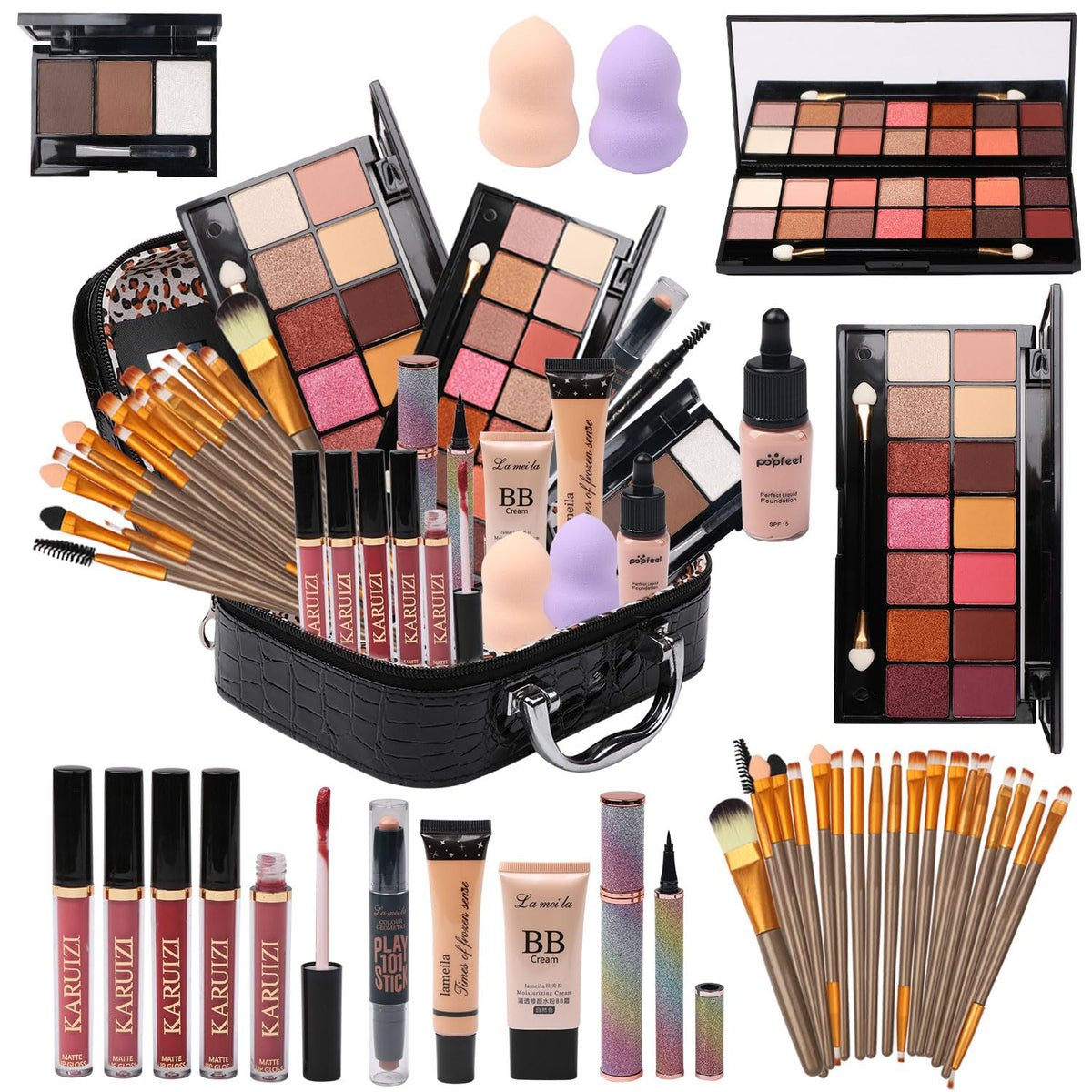 Assorted makeup products including palettes, brushes, and lip products displayed in a black suitcase.
