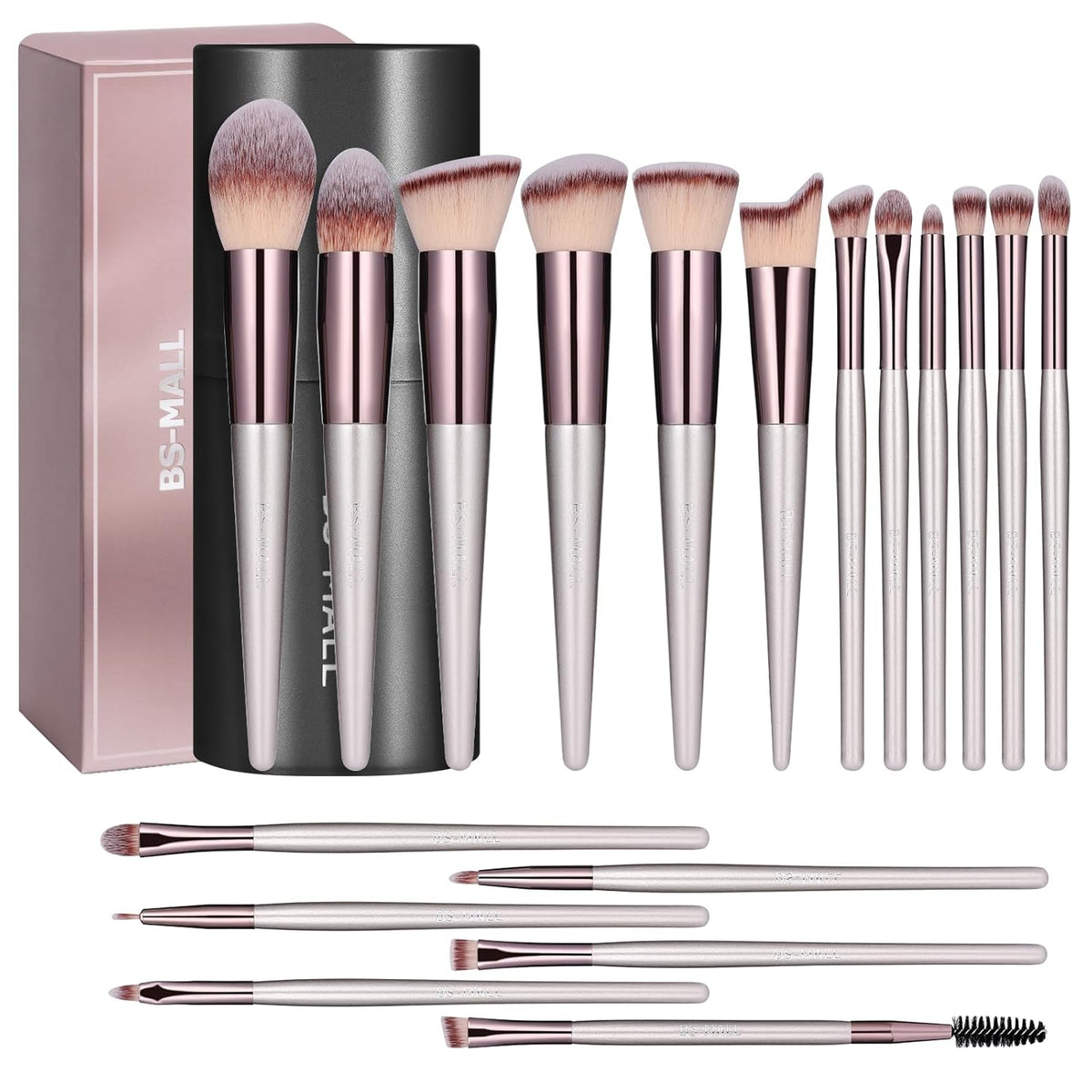 Makeup brush set with various brush heads and a BSMALL box on a white background