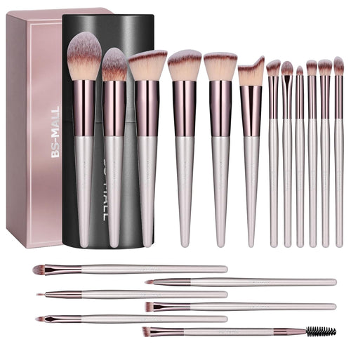 Makeup brush set with various brush heads and a BSMALL box on a white background