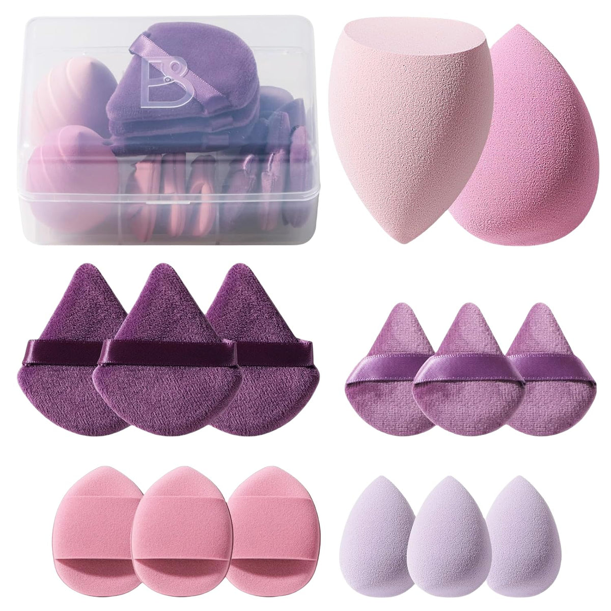 Set of makeup sponges with a clear container on a white background