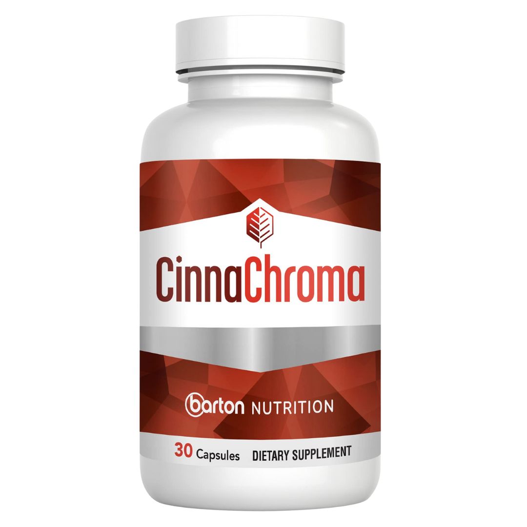 Bottle of CinnaChrome dietary supplement by Barton Nutrition on a white background