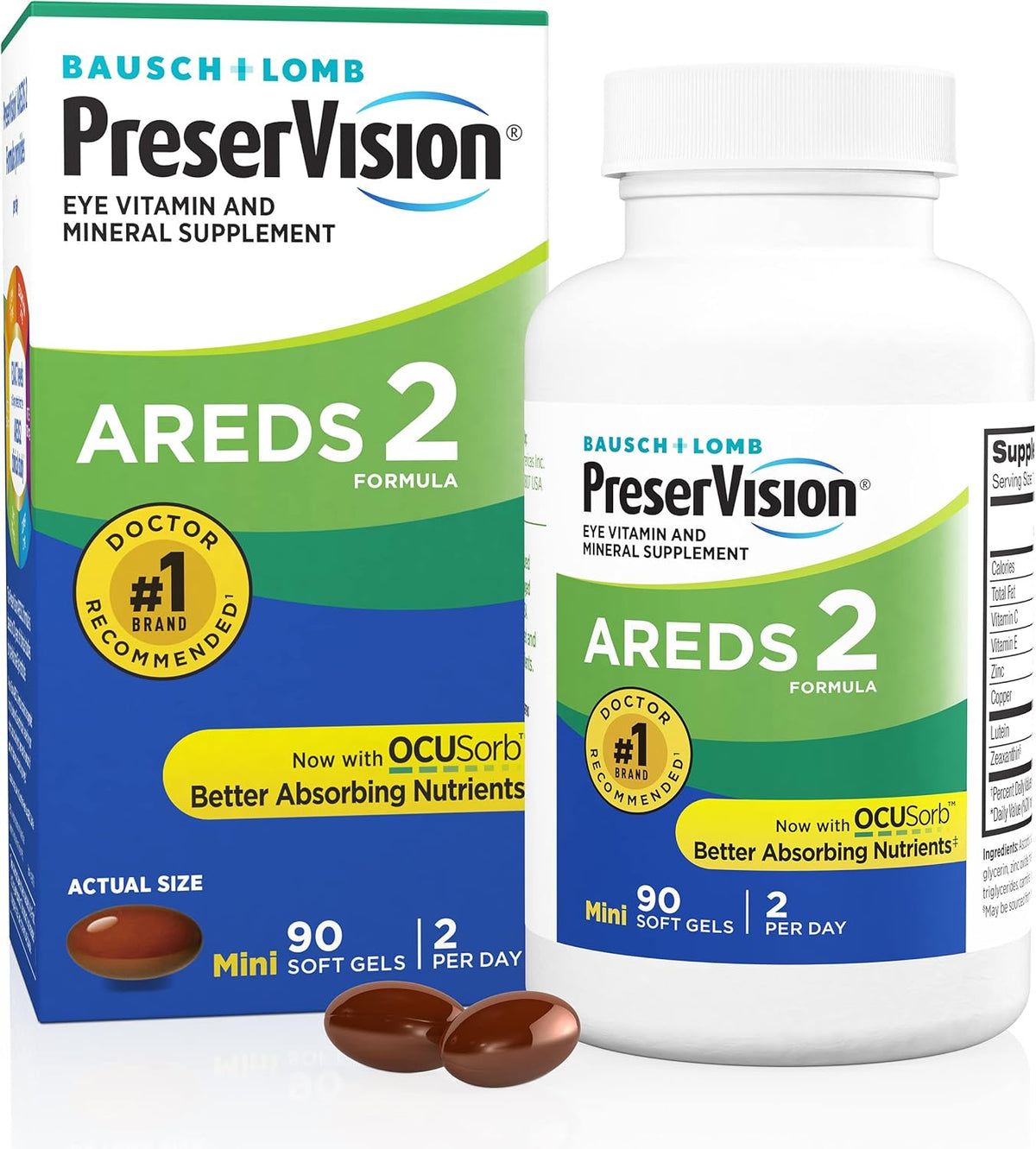 Bausch & Lomb PreserVision AREDS 2 Formula supplement bottle and packaging on a white background