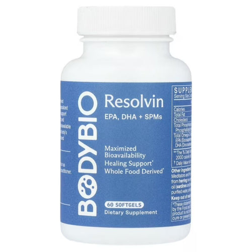 Supplement bottle labeled 'BODYBIO Resolvin' on a white background