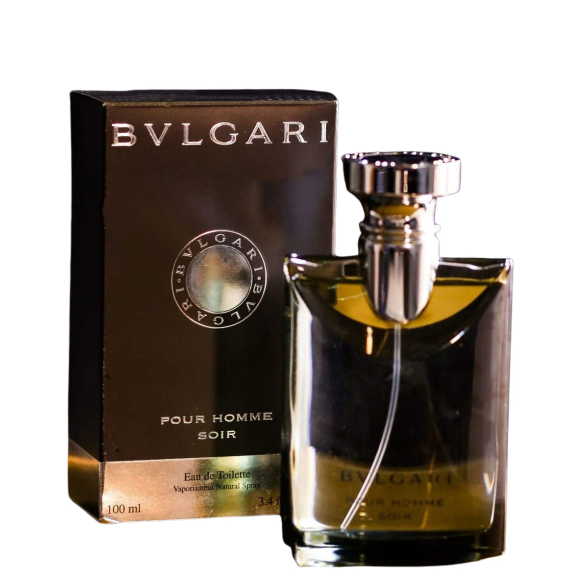 Bulgari Pour Homme Soir perfume bottle and packaging on a white background