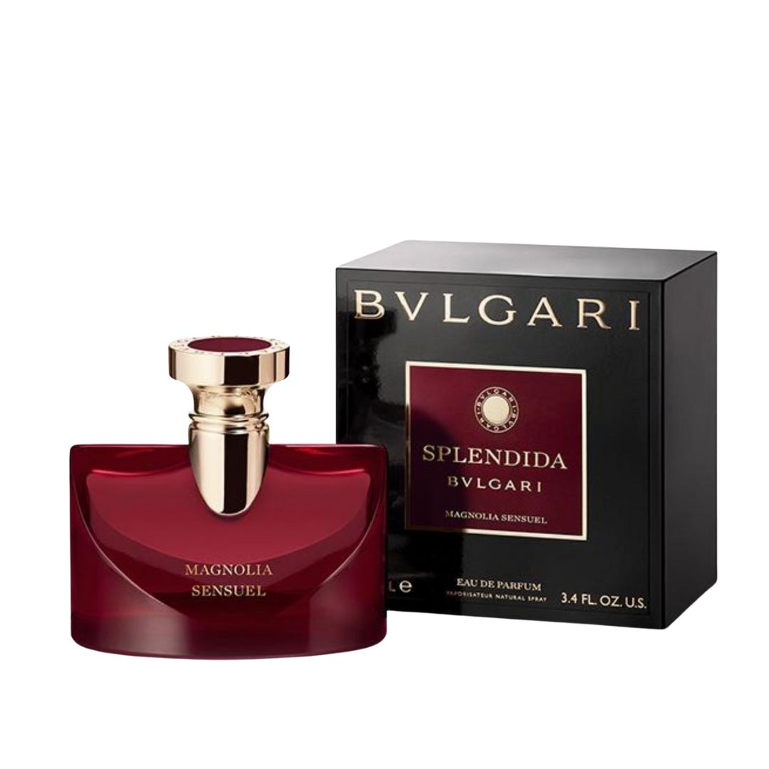 Bulgari Splendida Magnolia Sensuel perfume bottle and packaging on a white background
