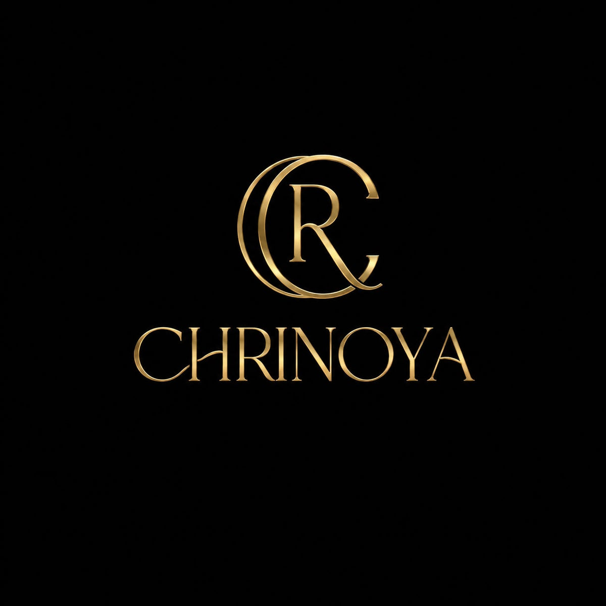 Gold monogram logo with intertwined circular letters above the word CHRINOYA on a solid black background.