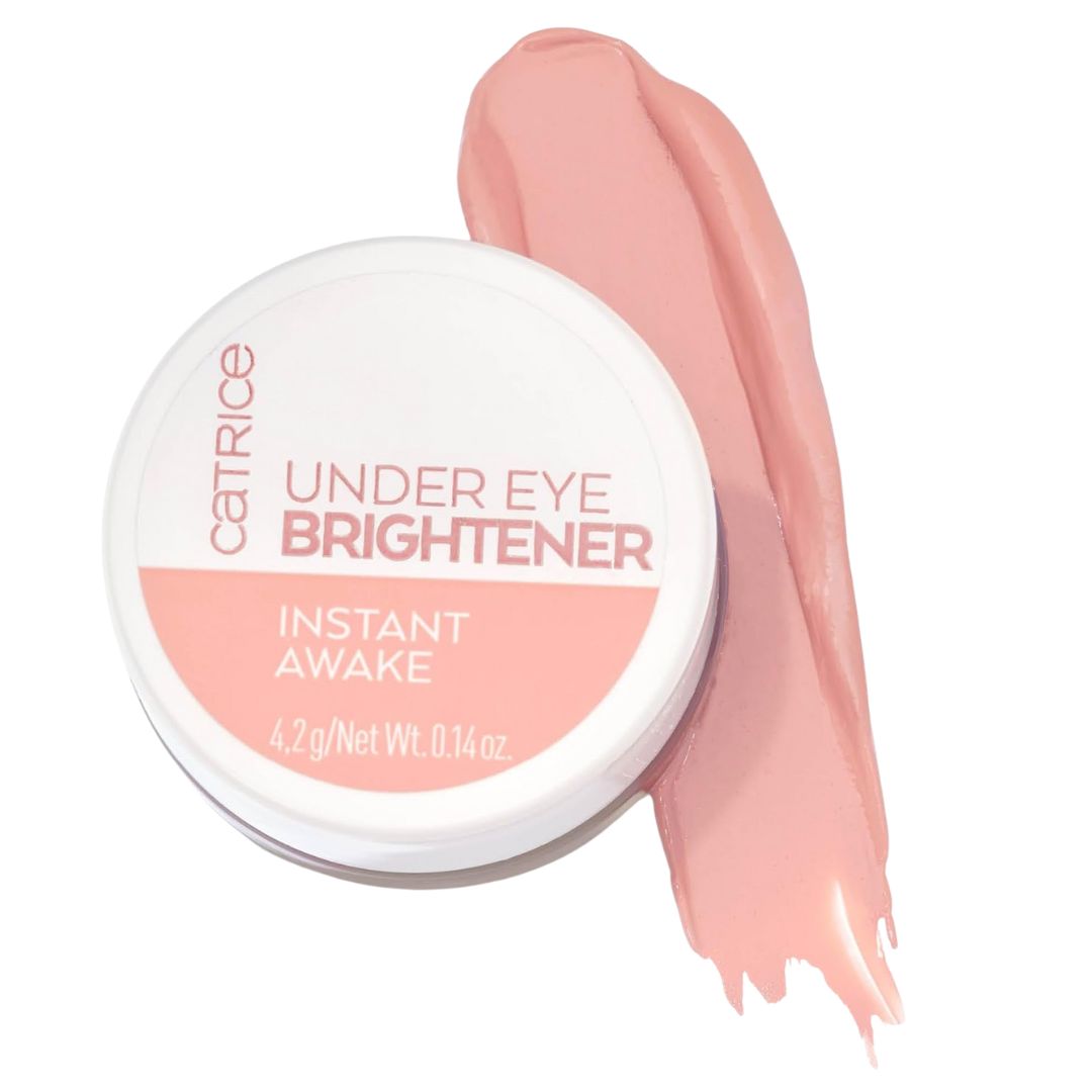 Catrice under eye brightener jar with a swatch on a white background