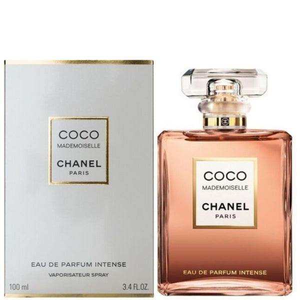 Chanel Coco Mademoiselle perfume bottle and packaging on a white background
