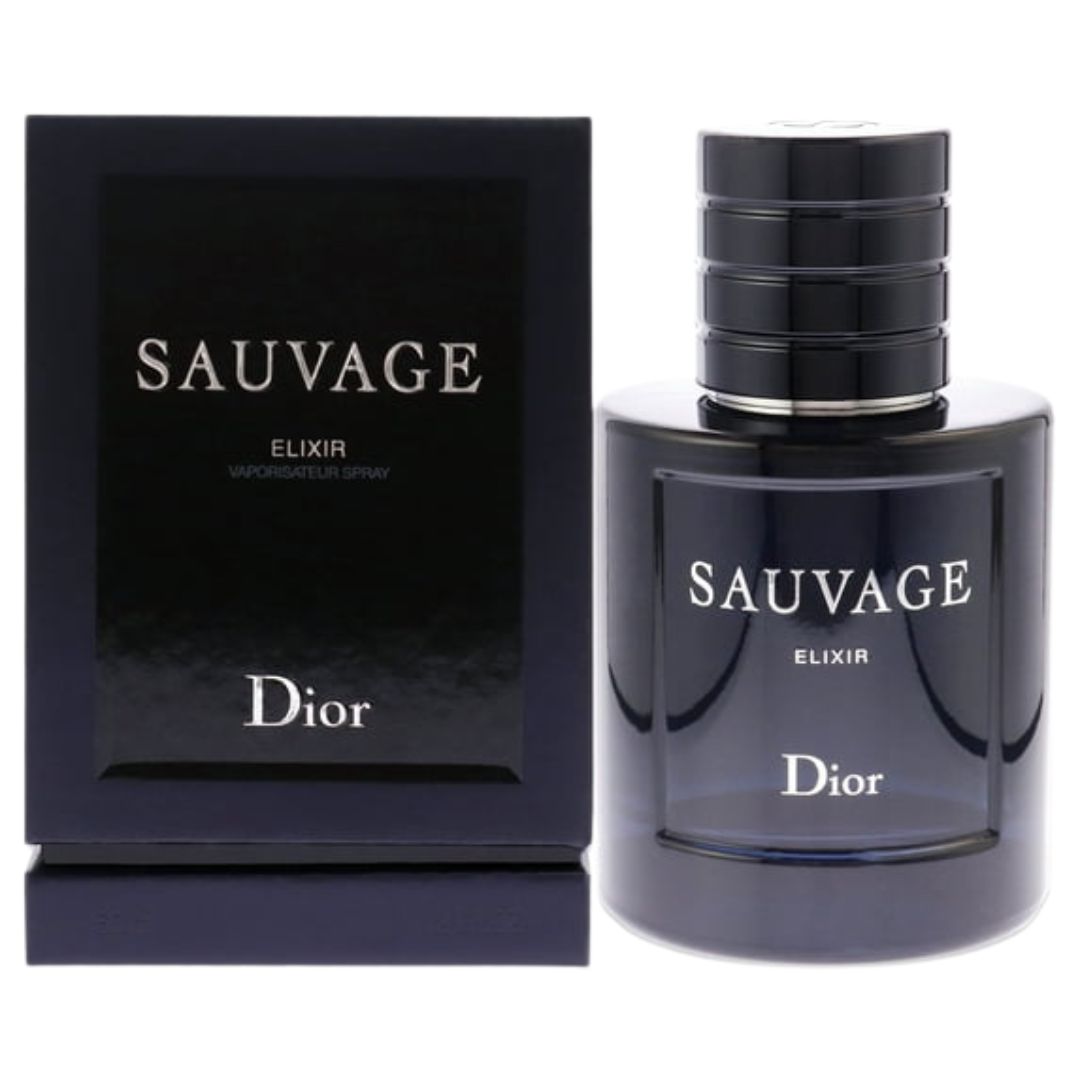 Dior Sauvage Elixir perfume bottle and packaging on a white background