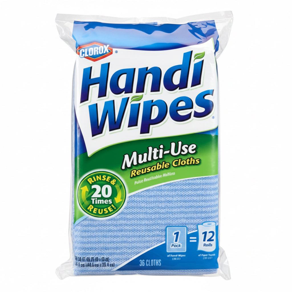 A package of Clorox Handi Wipes Multi-Use Reusable Cloths, showing 36 cloth wipes in a clear plastic bag with blue, white, and green branding.