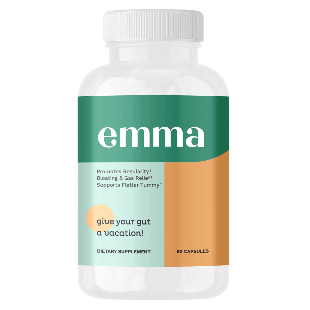 Supplement bottle labeled 'emma' on a white background