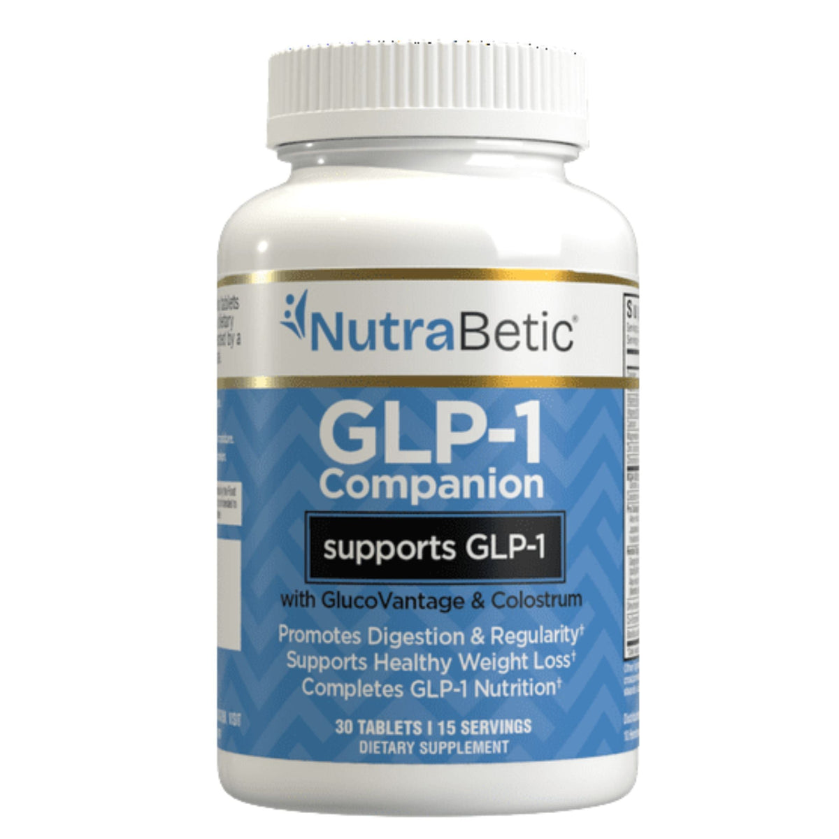 Nutritional supplement bottle labeled 'GLP-1 Companion' by NutraBetic on a white background