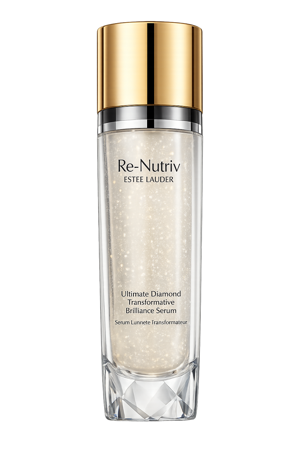 Estee Lauder Re-Nutriv Ultimate Diamond Transformative Brillance Serum in a clear glass bottle with a shiny gold cap, shown on a solid white background.