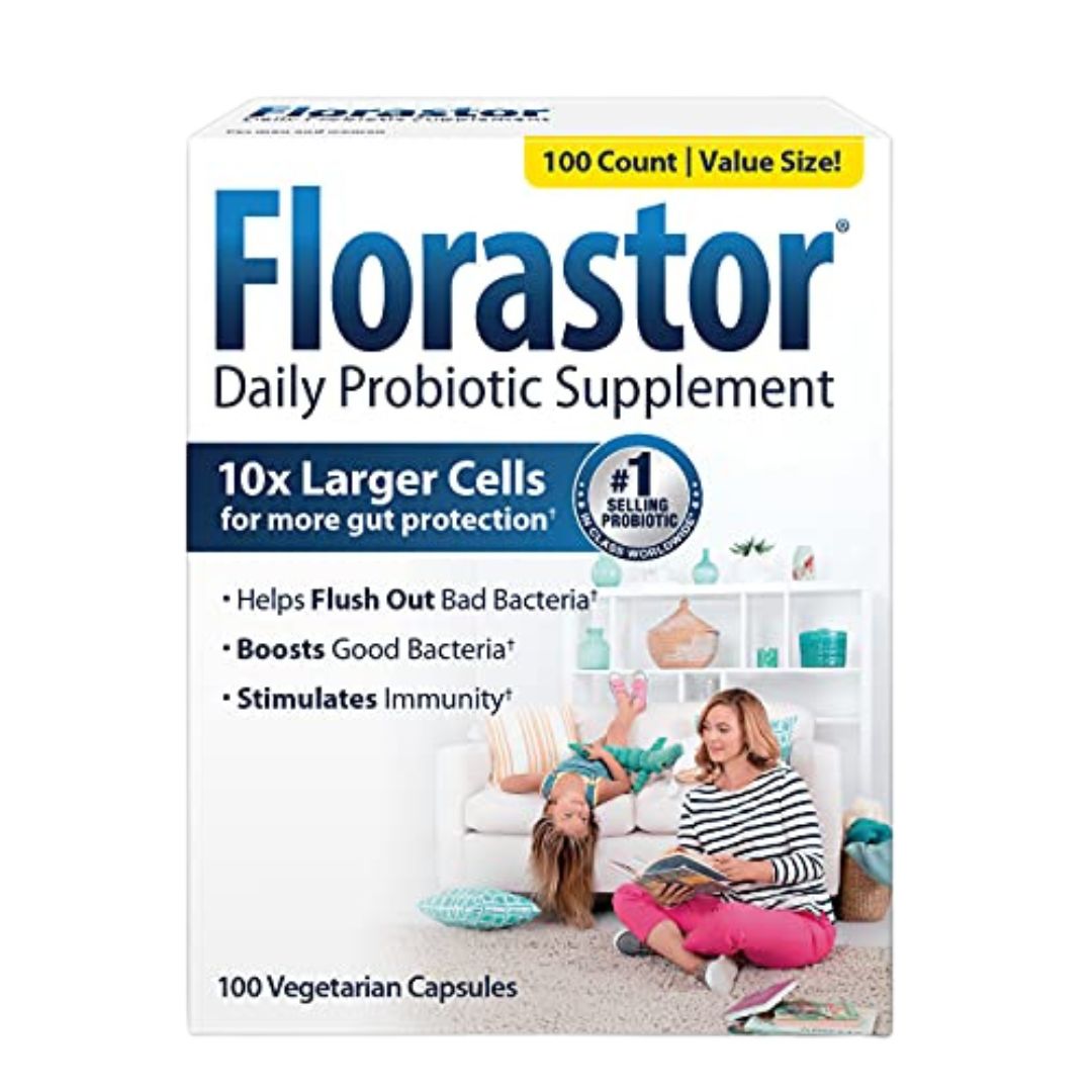 Florastor Daily Probiotic Supplement box with family on couch in background