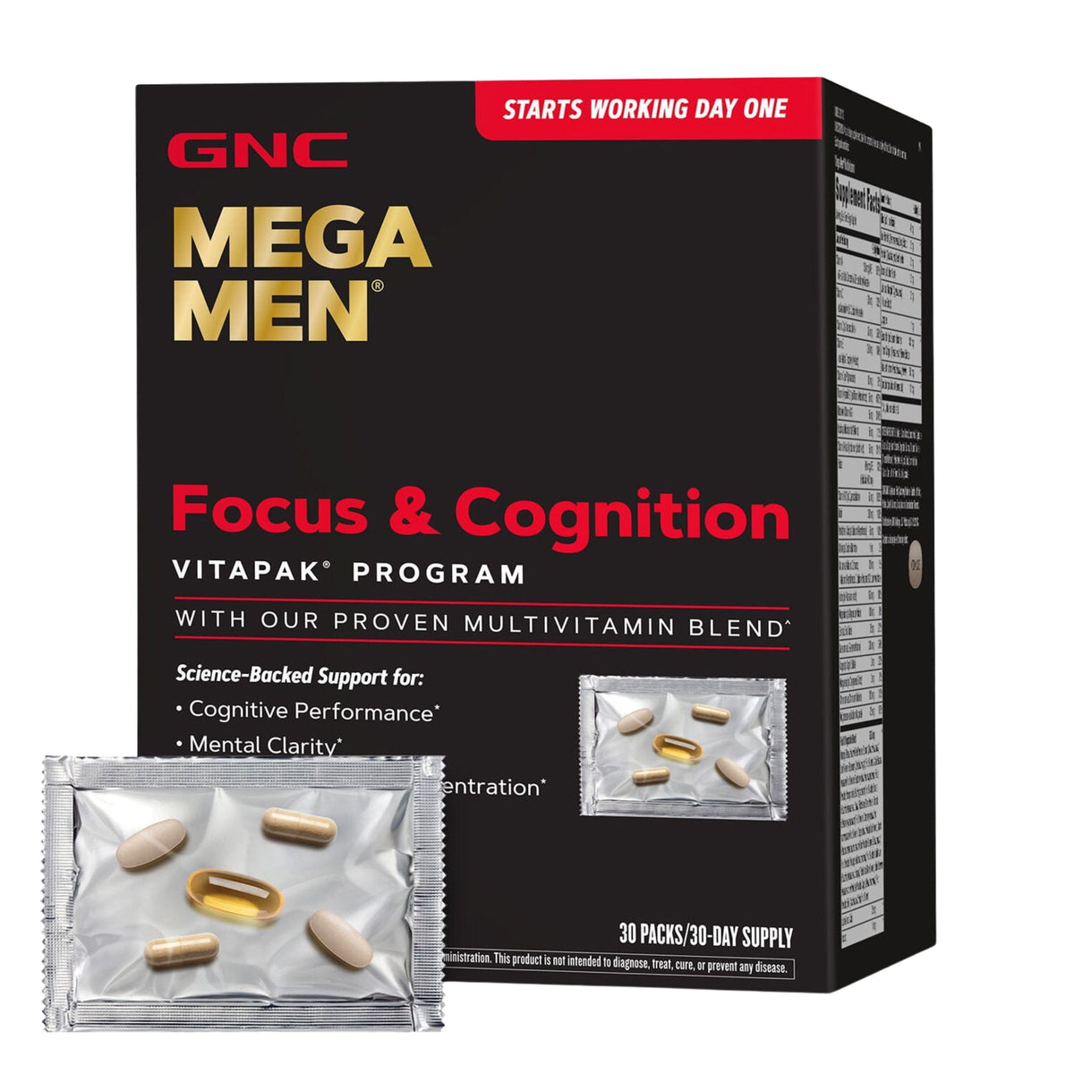 GNC Mega Men Focus & Cognition Vitapak program packaging on a white background