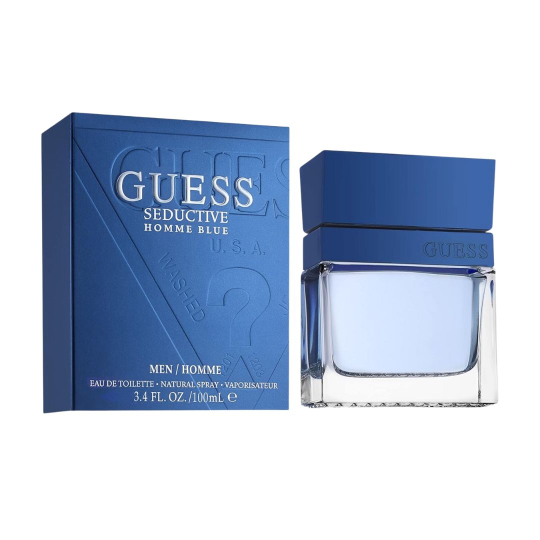 Guess Seductive Homme Blue perfume bottle and packaging on a white background