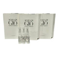 Three bottles of Acqua di Gio by Giorgio Armani with their packaging on a white background.
