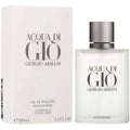 Giorgio Armani Acqua di Gio Eau de Toilette bottle and its white packaging box, featuring a frosted glass bottle with a metallic silver cap and black lettering.