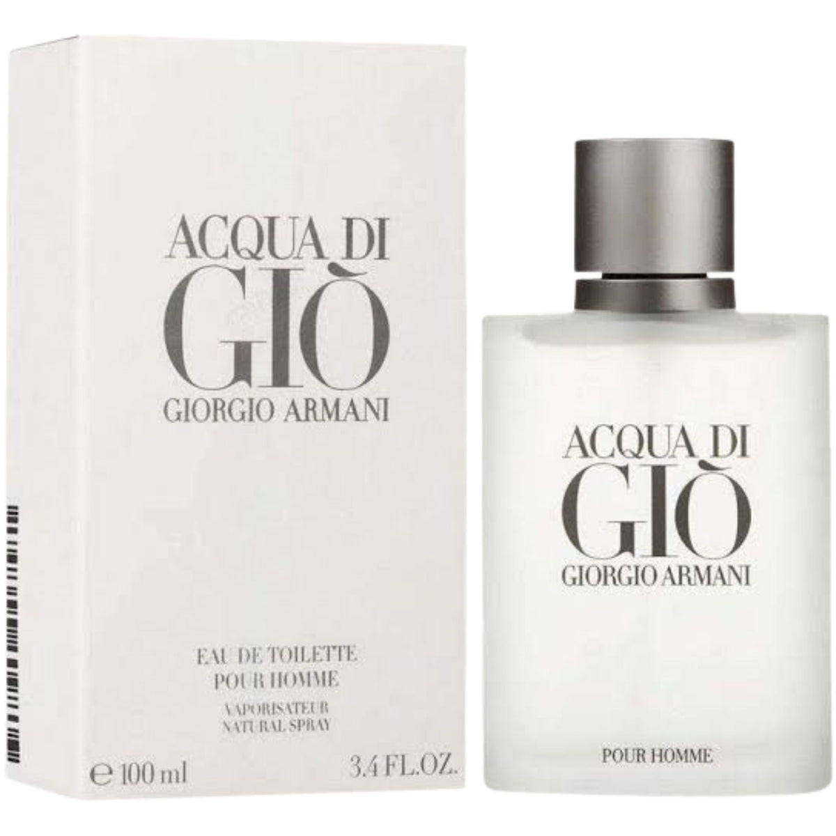 Giorgio Armani Acqua di Gio Eau de Toilette bottle and its white packaging box, featuring a frosted glass bottle with a metallic silver cap and black lettering.