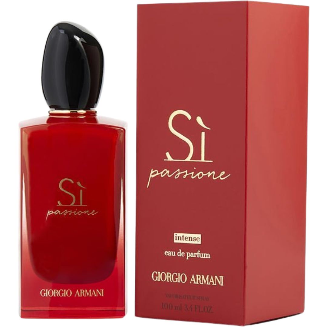 Red Giorgio Armani Si Passione perfume bottle and packaging on a white background