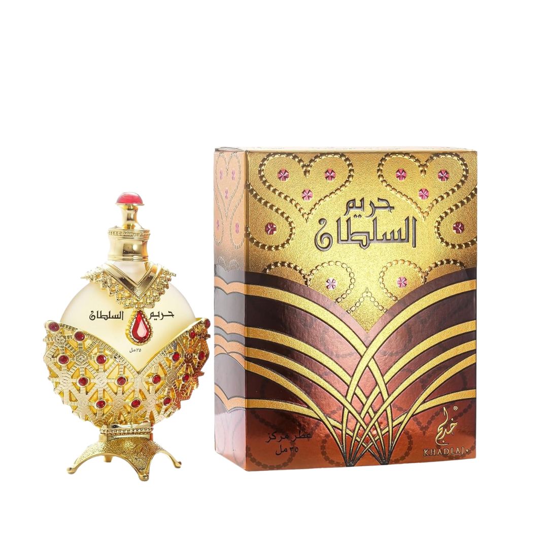 Khadlaj Hareem Al Sultan Gold Perfume design and matching box on a white background