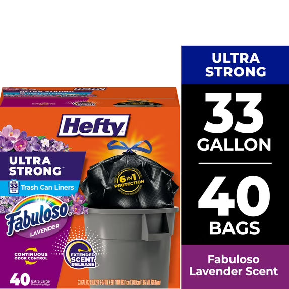 Hefty Ultra Strong 33 Gallon Trash Bags, Large Trash Bags, Black, Fabuloso Scent