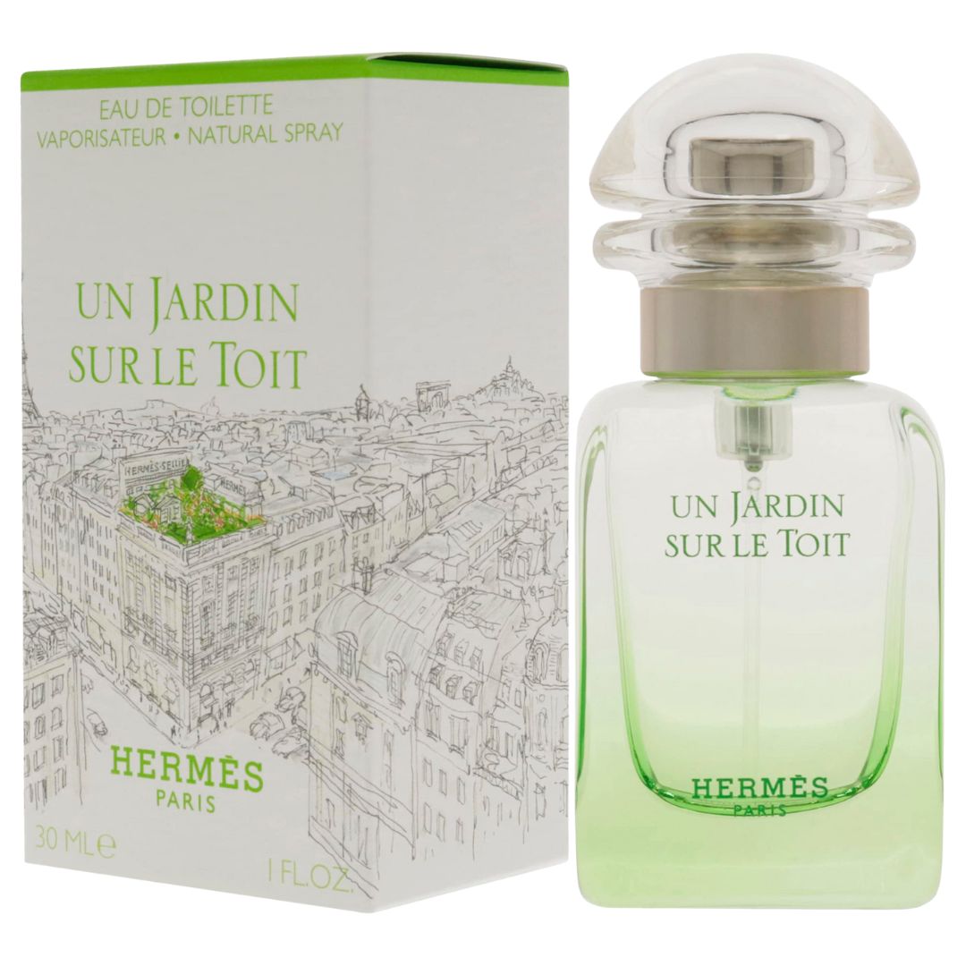 Hermes Un Jardin Sur Le Toit perfume bottle and packaging on a white background