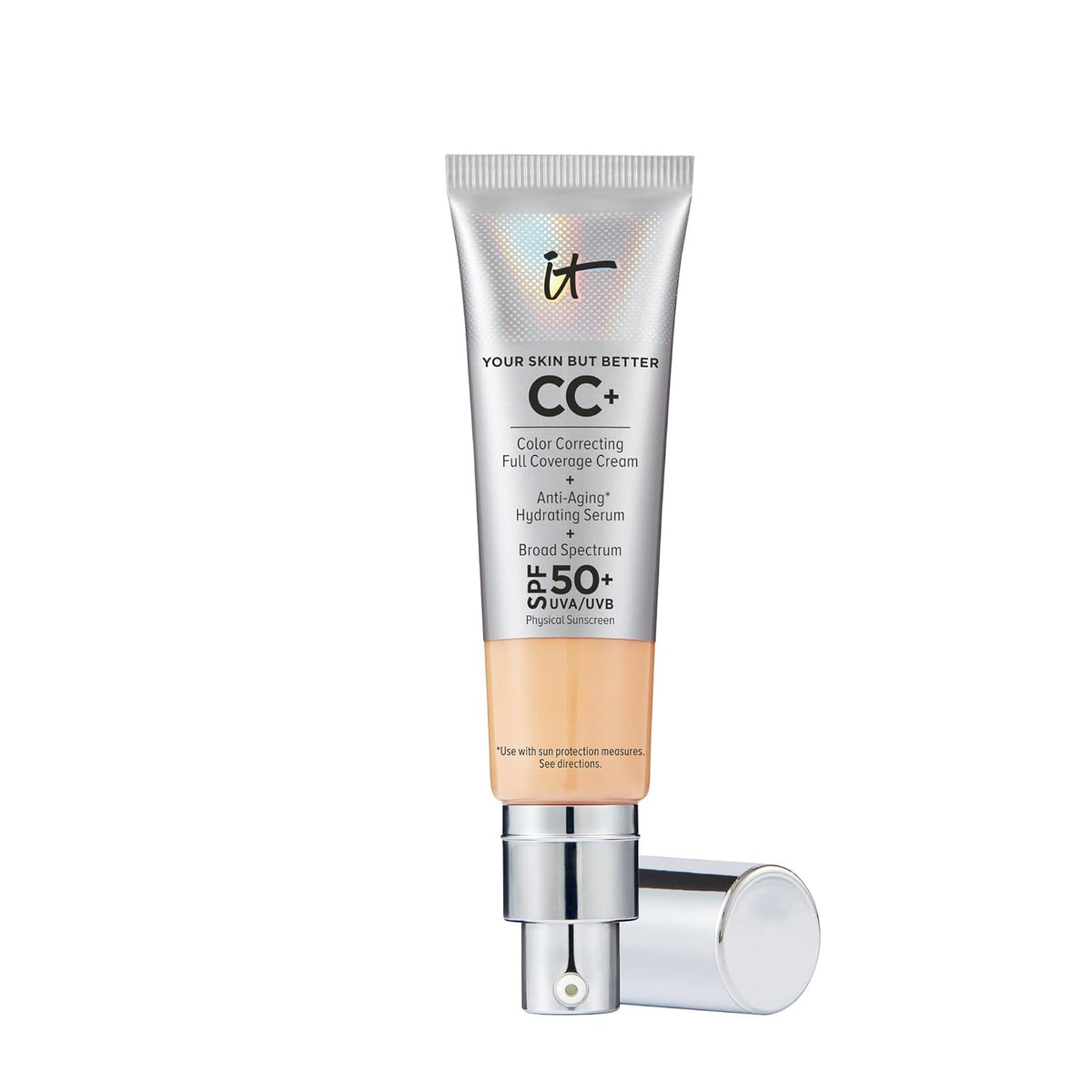 CC+ cream tube with applicator on a white background