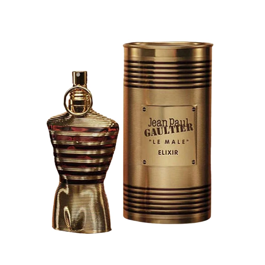 Gold perfume bottle and container with 'Jean Paul Gaultier Le Male Elixir' branding on a white background.