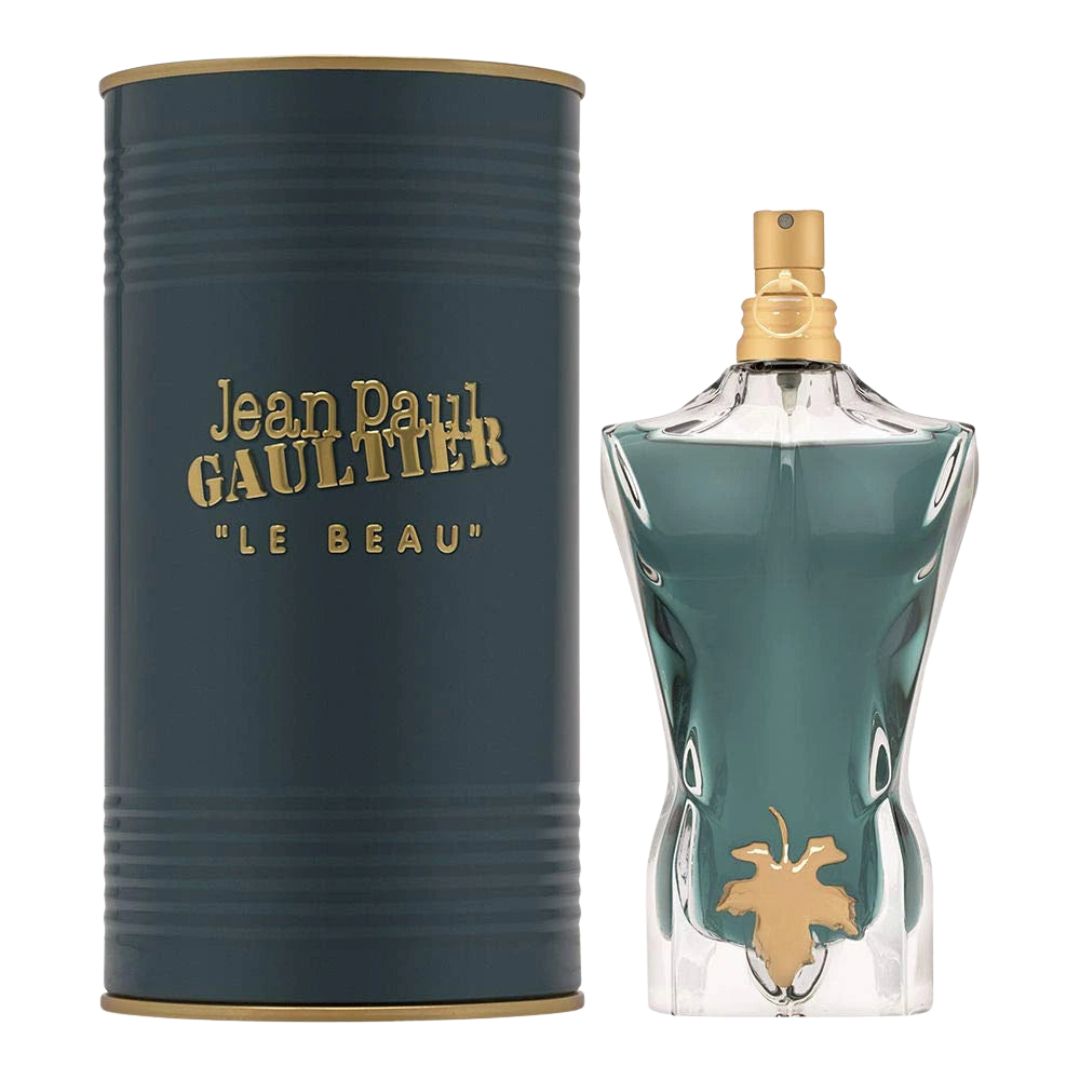 Jean Paul Gaultier Le Beau perfume bottle and packaging on a white background