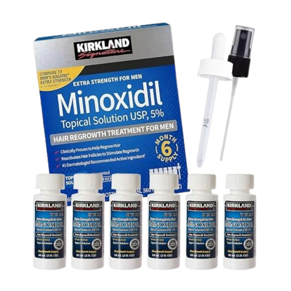 Kirkland Minoxidil topical solution packaging with multiple bottles and a dropper on a white background.