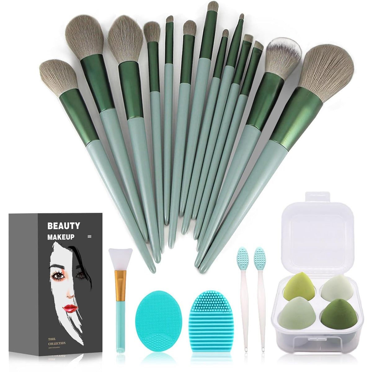 Set of makeup brushes with a carrying case, sponges, and a brush cleaner on a white background.