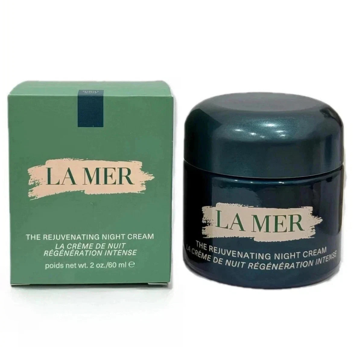 La Mer night cream jar and packaging on a white background