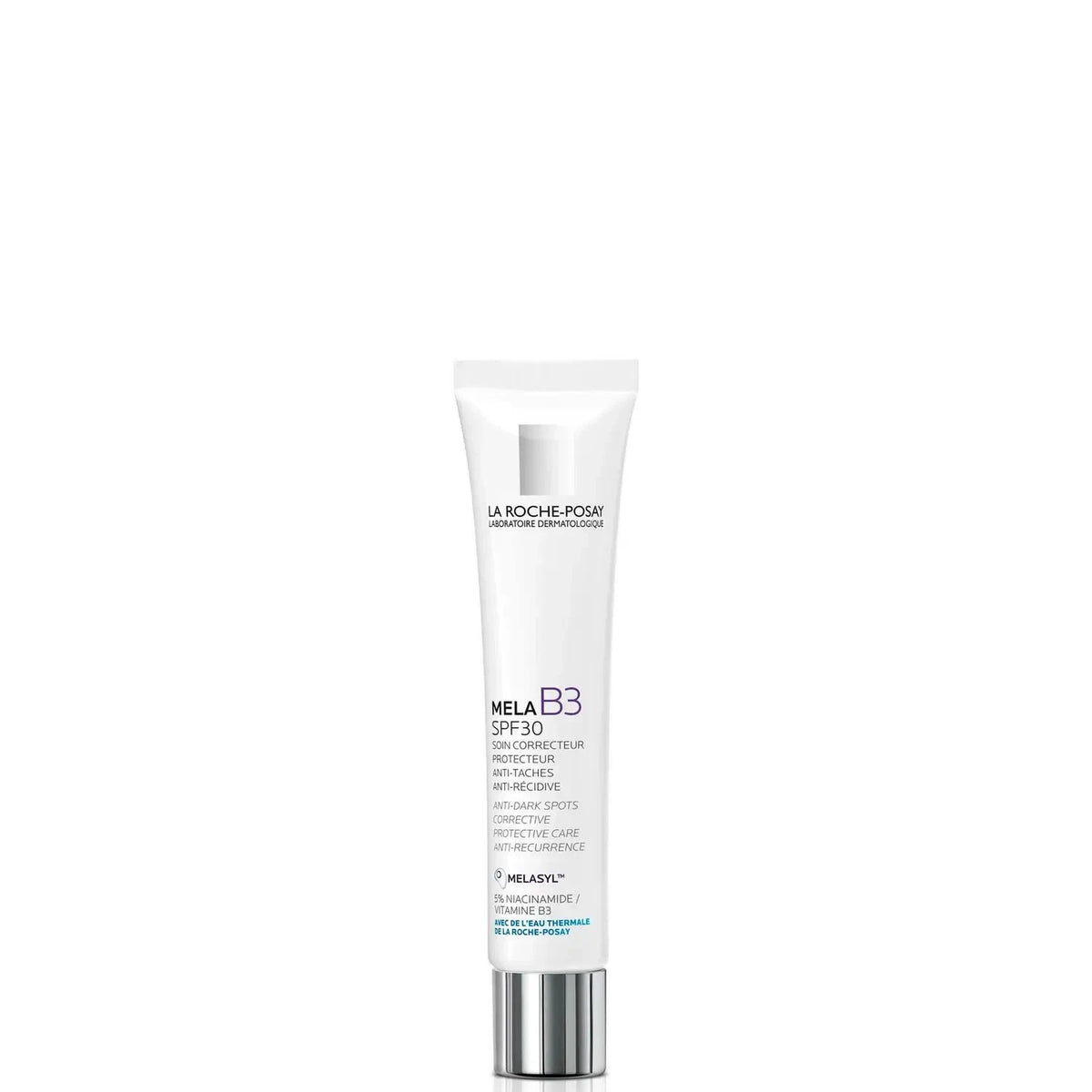 La Moche Posit Mela B3 SPF 30 Cellular Repair Sunscreen Lotion in a white squeeze tube with a metallic silver cap, shown on a plain white background.