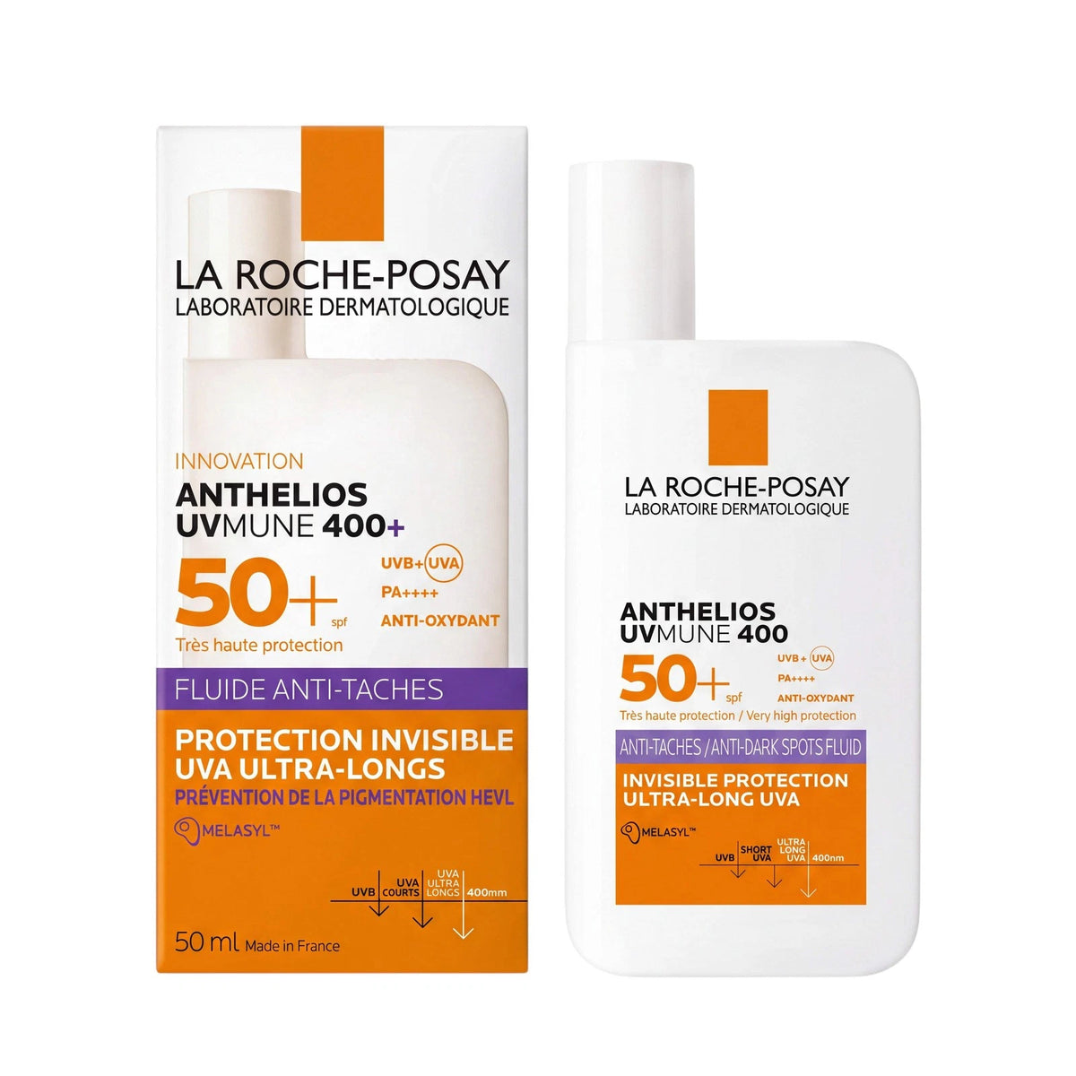 La Roche-Posay Anthelios Uvmine 400+ sunscreen set featuring a white bottle and its matching retail box, both with orange and purple accents on a clean white background.