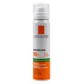 La Roche-Posay Anthelios 50+ Invisible Mist spray can, featuring a white and orange design with a white pump dispenser, set against a plain white background.
