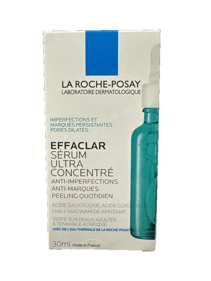 La Roche-Posay Effaclar Sérum Ultra Concentré anti-imperfections peeling daily serum in a 30ml box, featuring a white and blue design with a graphic of a teal spray bottle.
