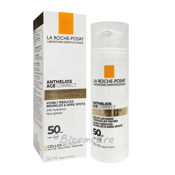 La Roche-Posay Anthelios Age Correct sunscreen packaging and bottle on a white background