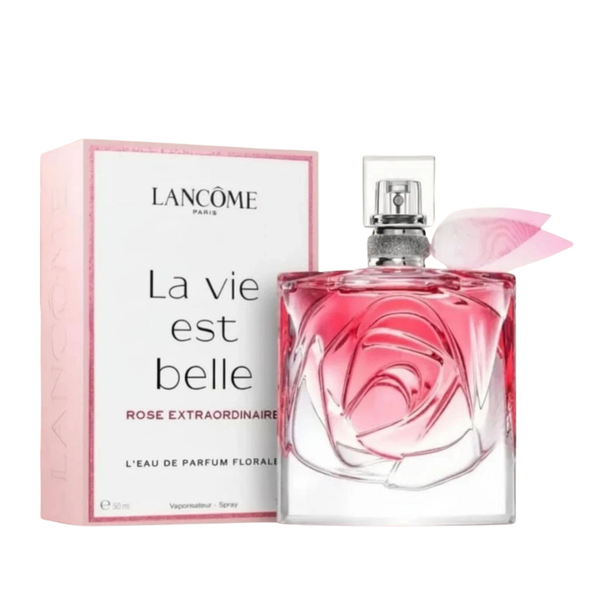 Lancème La Vie Est Belle Rose Extraordinaire perfume bottle and packaging on a white background